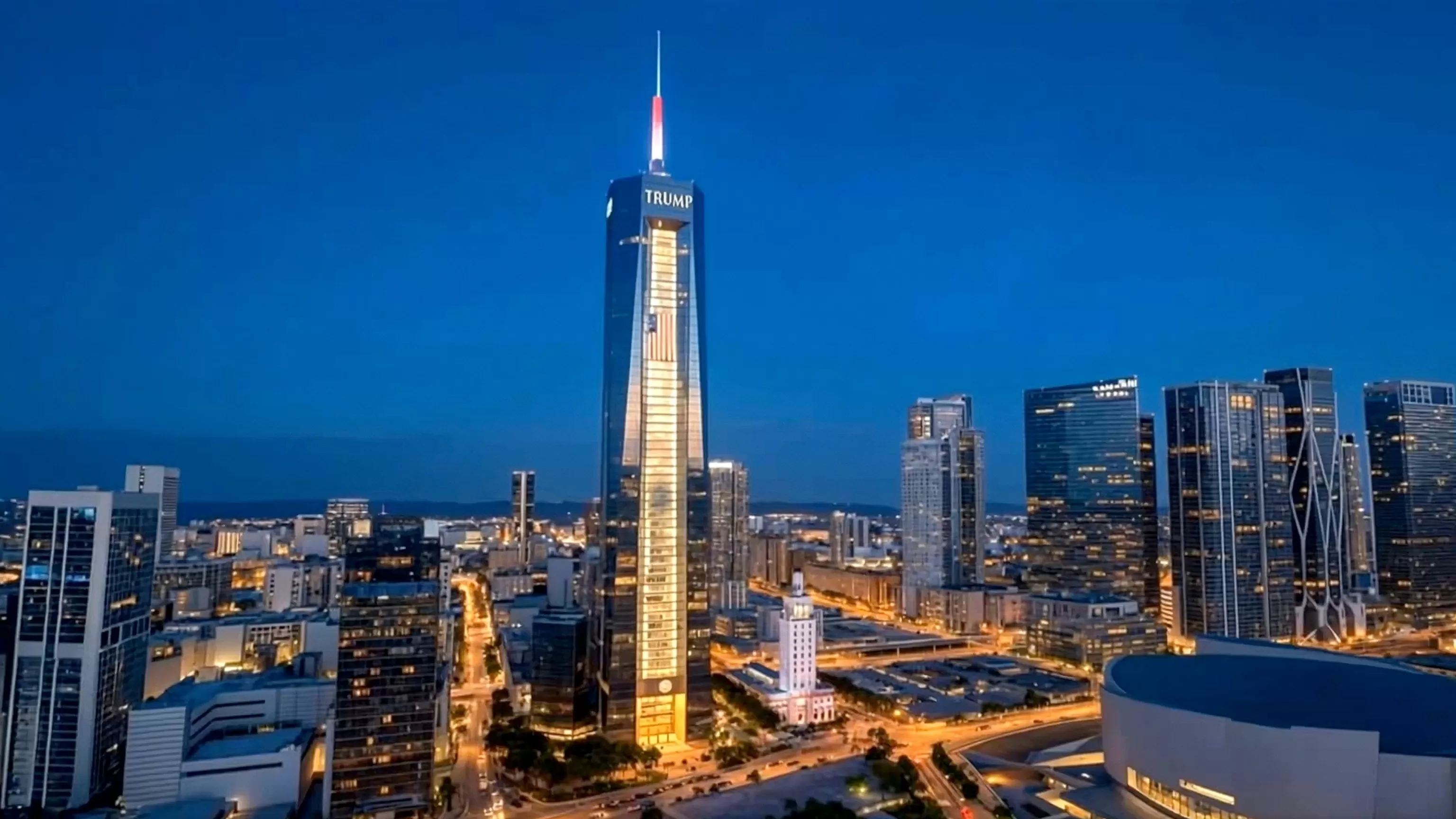 Trump unveils presidential library plans with gold Trump statue, gifted jet